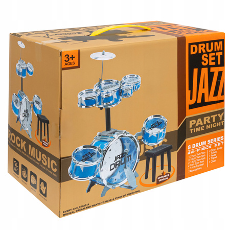 ZESTAW PERKUSYJNY DLA DZIECI JAZZ DRUM 8 BĘBNÓW TALERZ PERKUSJA + TABORET